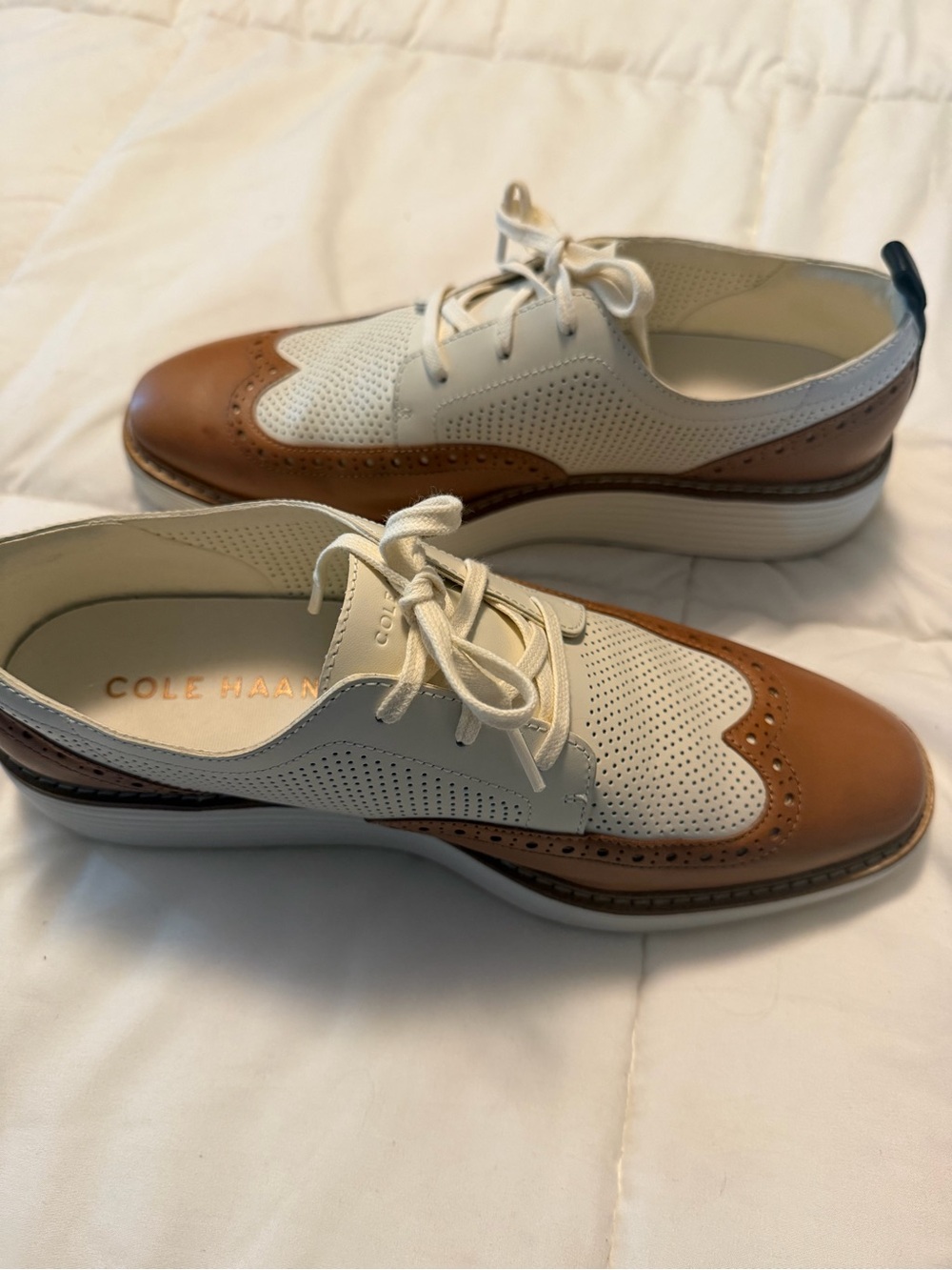 Cole Haan Two-Tone White and Brown Perforated Wingtip Loafers